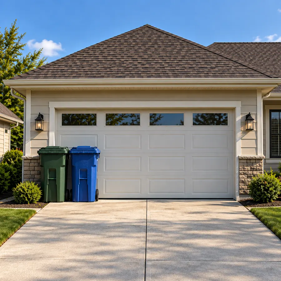 Green and blue bins put back beside a garage after pickup
